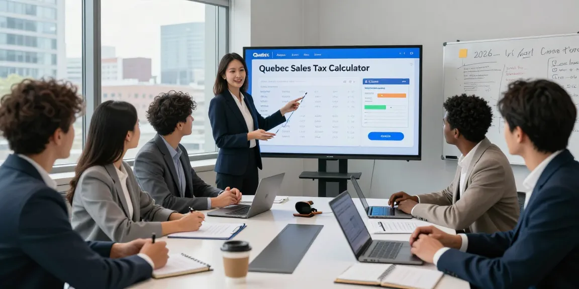 Business professionals collaborating using quebecsalestaxcalculator.ca in a modern office environment, showcasing tax calculations for 2026.