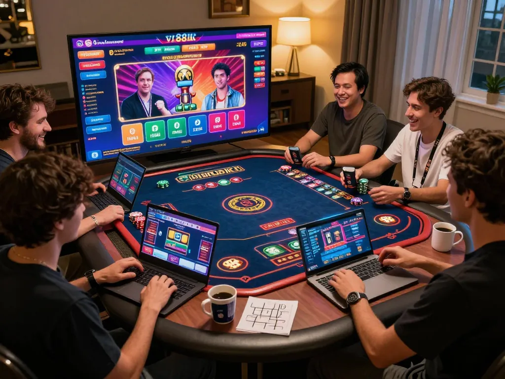 Players engaging with vin88lk's live dealer games on their devices, enjoying responsible gambling at home