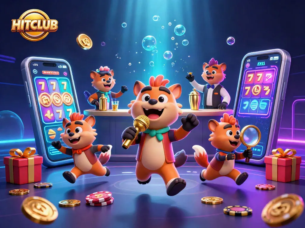 Enjoying a lively HITCLUB comedy casino scene with hyenas and vibrant game elements.
