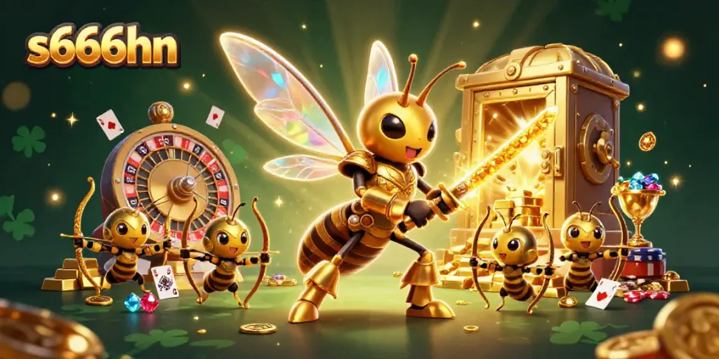 Engage with s666hn in this vibrant, detailed casino scene featuring game elements and characters.