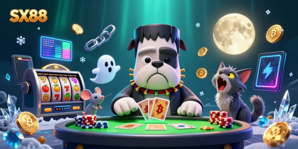 SX88 Casino: Experience thrilling gameplay with slot machines, crypto coins, and card games in an immersive scene.