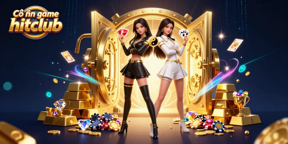 Cổng game hitclub showcases a twin Asian duo in casino attire, dynamic with playing cards amidst a treasure-filled setting.