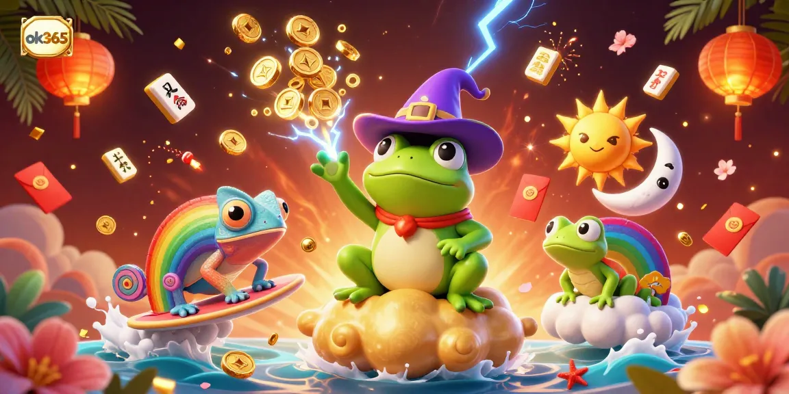 Join the excitement at ok365 with vibrant characters and a storm of golden coins in this lively casino illustration.