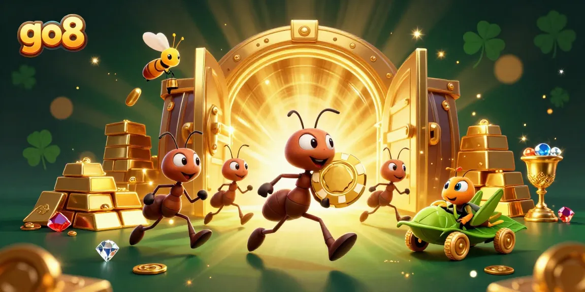 Experience thrilling gameplay at go8 as ants strategize a heist with poker chips amidst treasure.