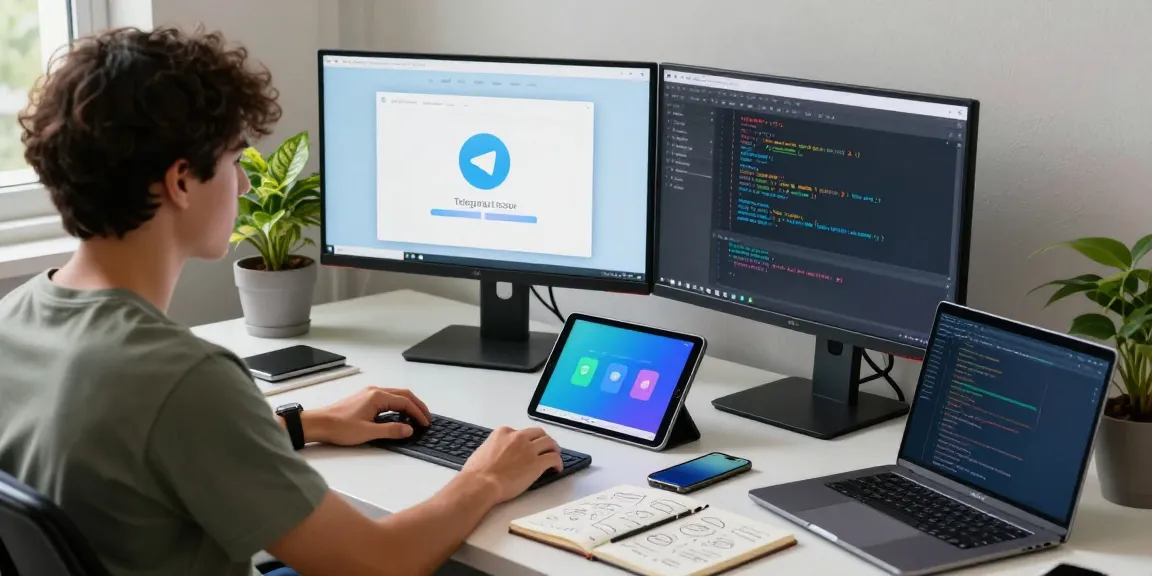 Developer at modern workspace coding for Telegram download with multiple screens and gadgets.