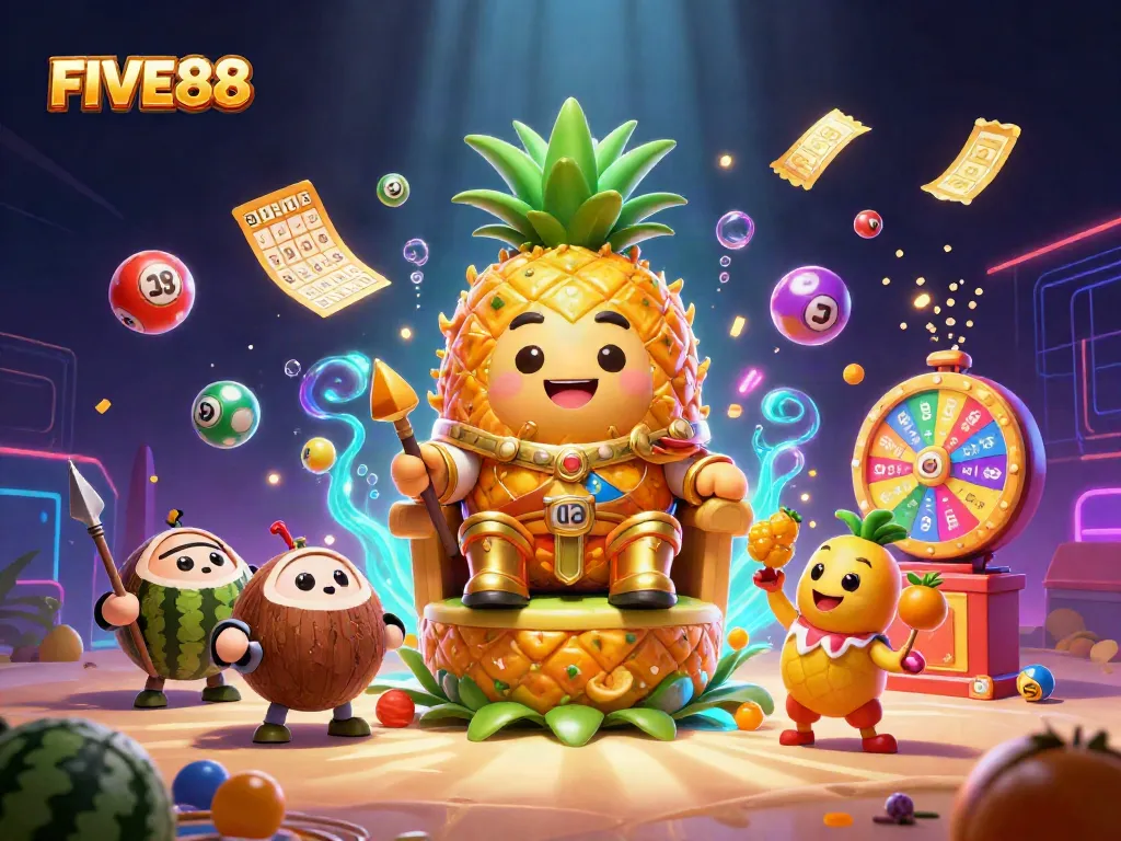 FIVE88 illustrates an engaging casino scene with a pineapple king amidst vibrant lottery action.