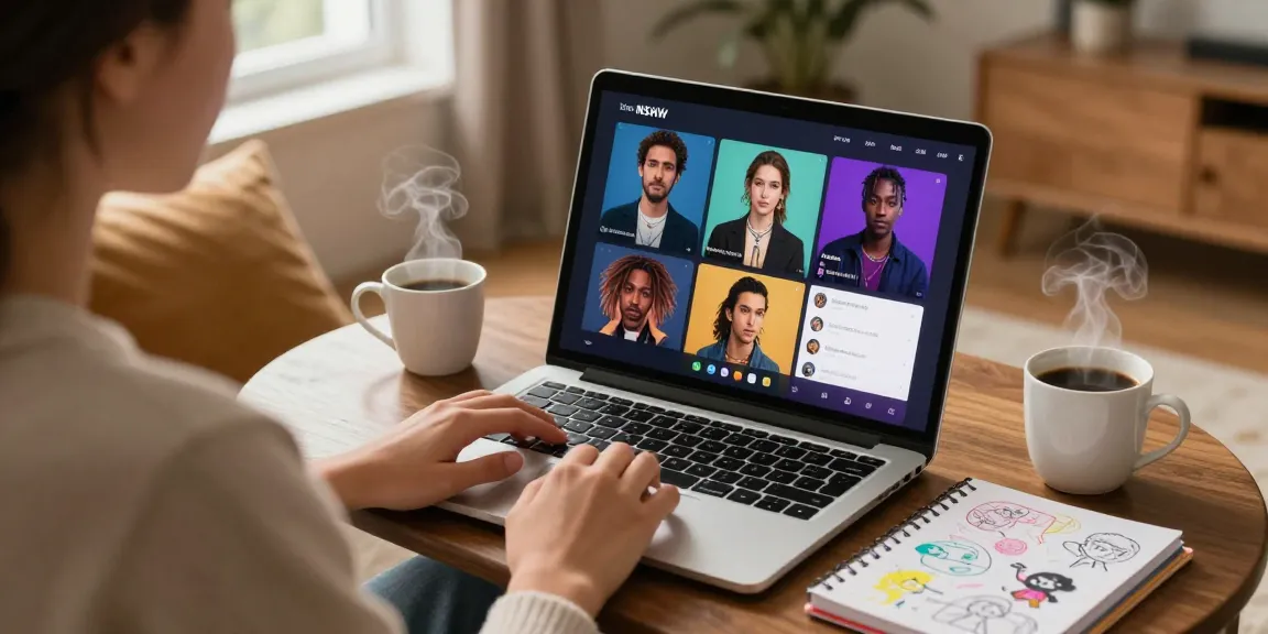User engaged in NSFW character AI chat, laptop displaying customizable avatars in a cozy environment.