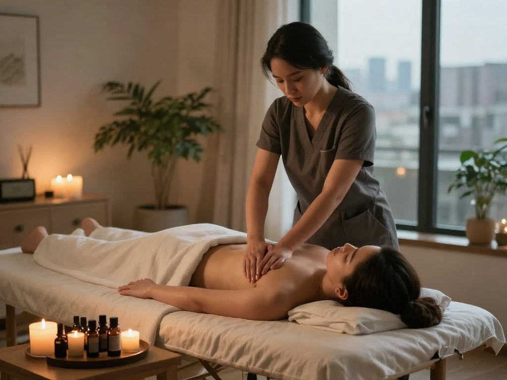 김포출장안마 providing a serene home massage experience with therapist and client in tranquil setting.