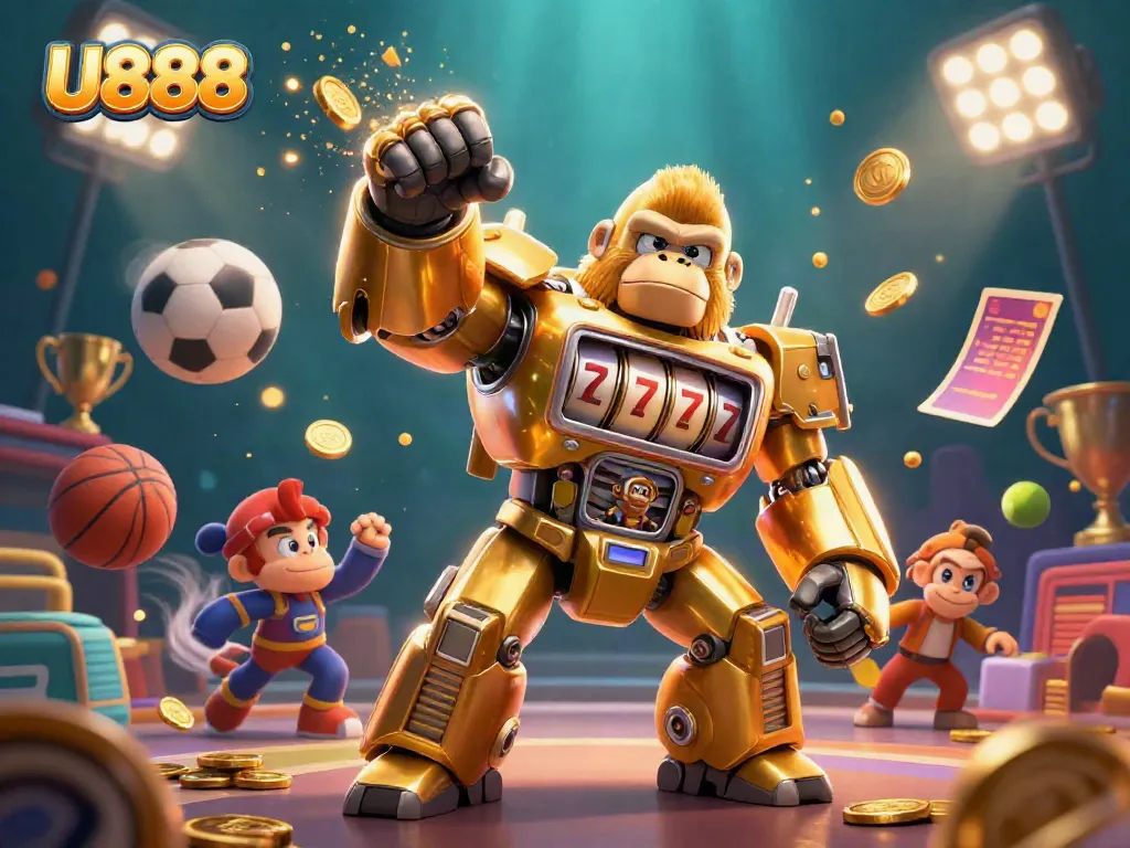 Engage with U888's exhilarating casino experience showcasing a dynamic golden gorilla mech amidst vibrant game elements.