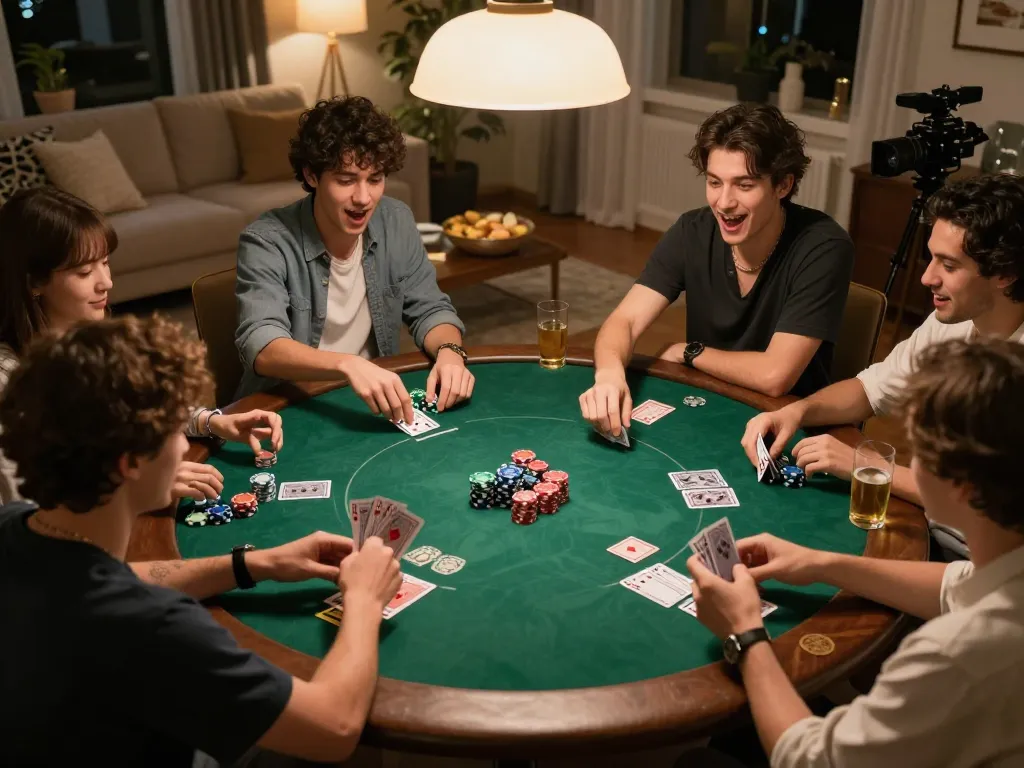 Engaged players revealing hands in a home poker game with Link Say88 chính thức featured prominently, focusing on strategy and fun