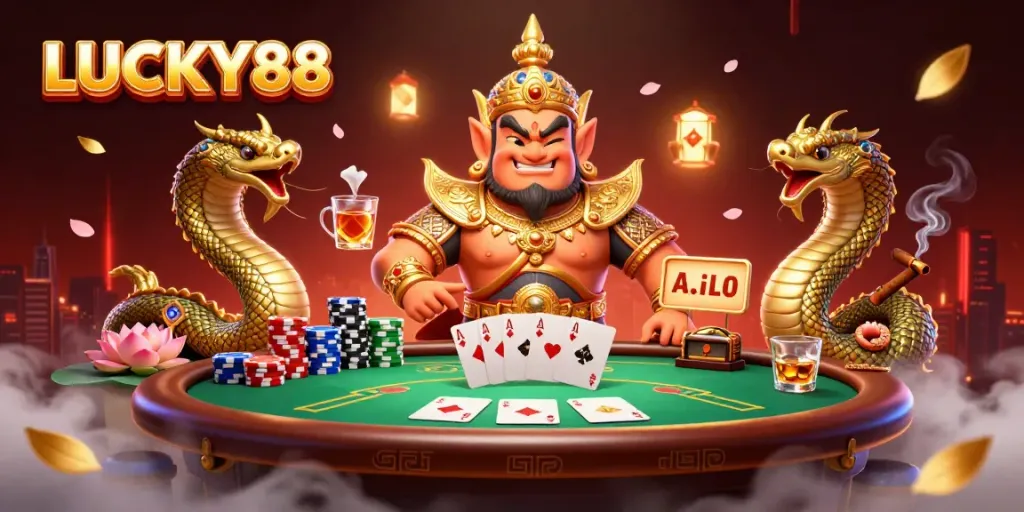 Experience thrilling gameplay with LUCKY88 as cartoon guardians and poker elements fill the scene.
