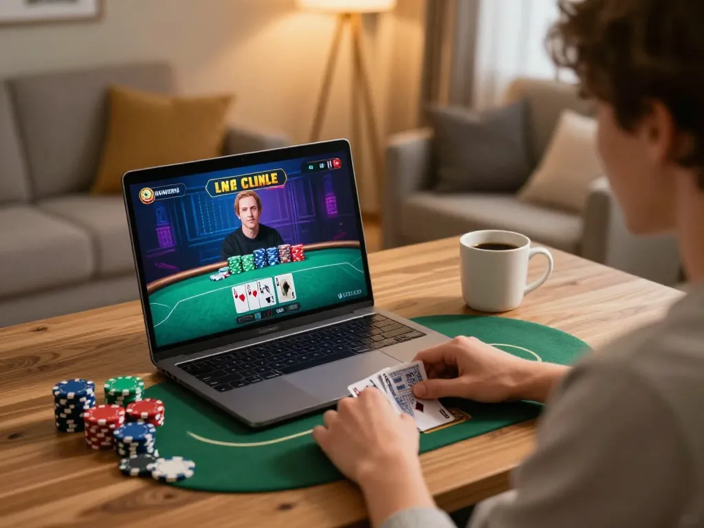 Player engaging in poker at home through Lu 88 online casino platform.