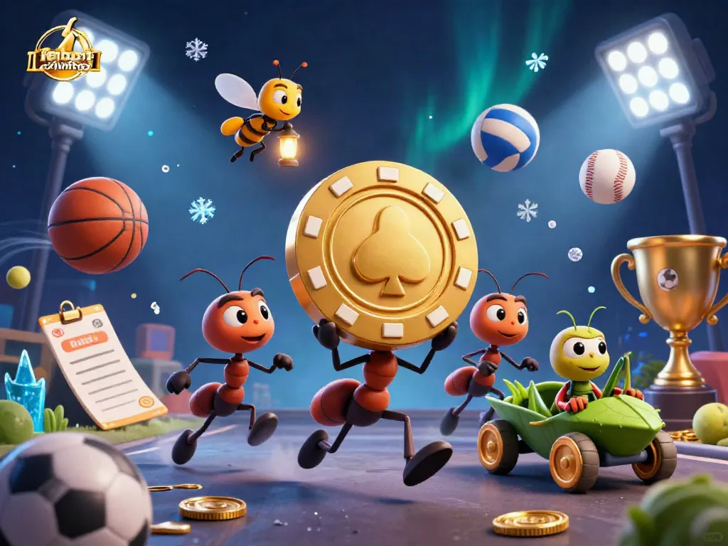 Experience exciting gameplay at febet chính thức with a dynamic 3D heist scene featuring cartoon ants capturing a giant poker chip.