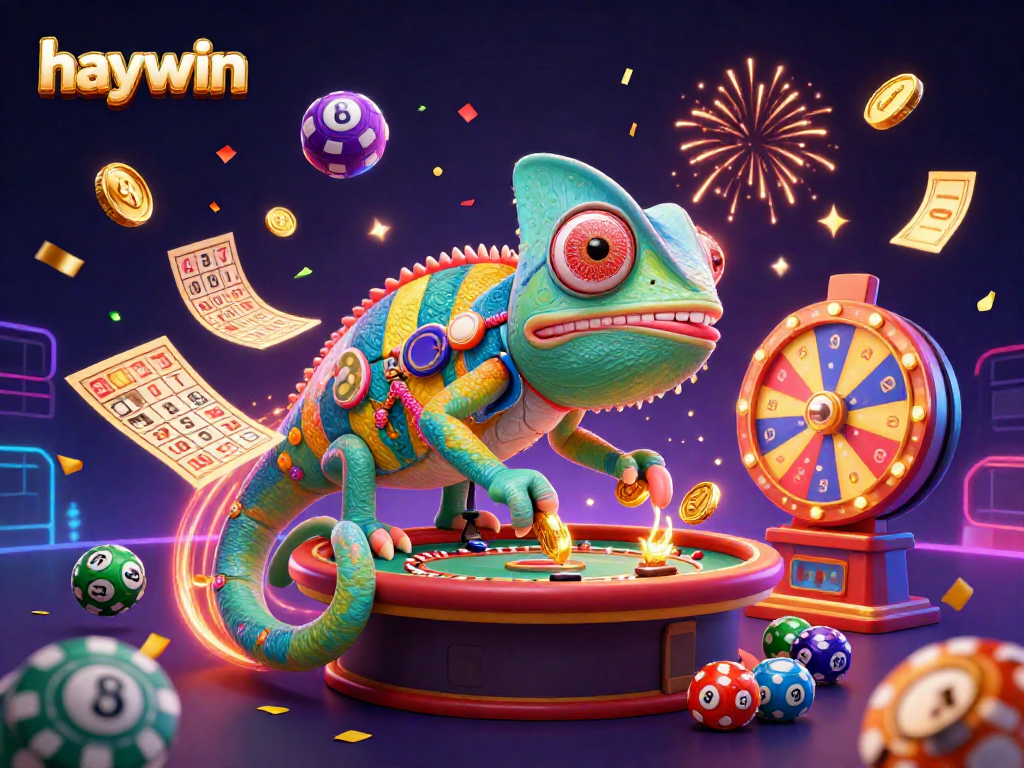 Experience the vibrant world of Haywin as the energetic chameleon casino owner captures golden coins amidst lottery fun.