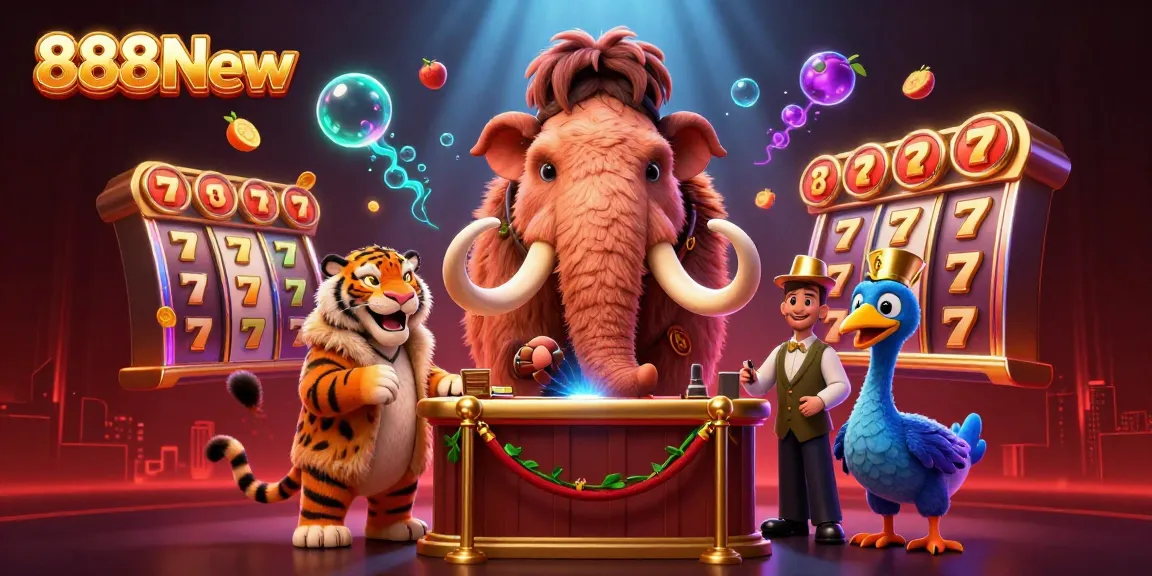 Exciting players spin the reels and win jackpots at 888New's vibrant casino scene filled with engaging characters and dynamic elements.