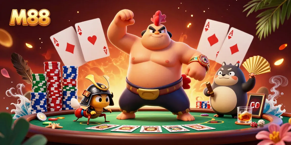 M88 showcases fierce gambling action with a powerful sumo rooster, samurai cricket, and tanuki in a vibrant arena.