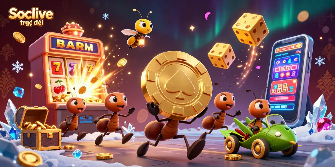 Socolive trực tiếp showcases ants carrying a giant poker chip amidst bursting slots and festive casino elements.