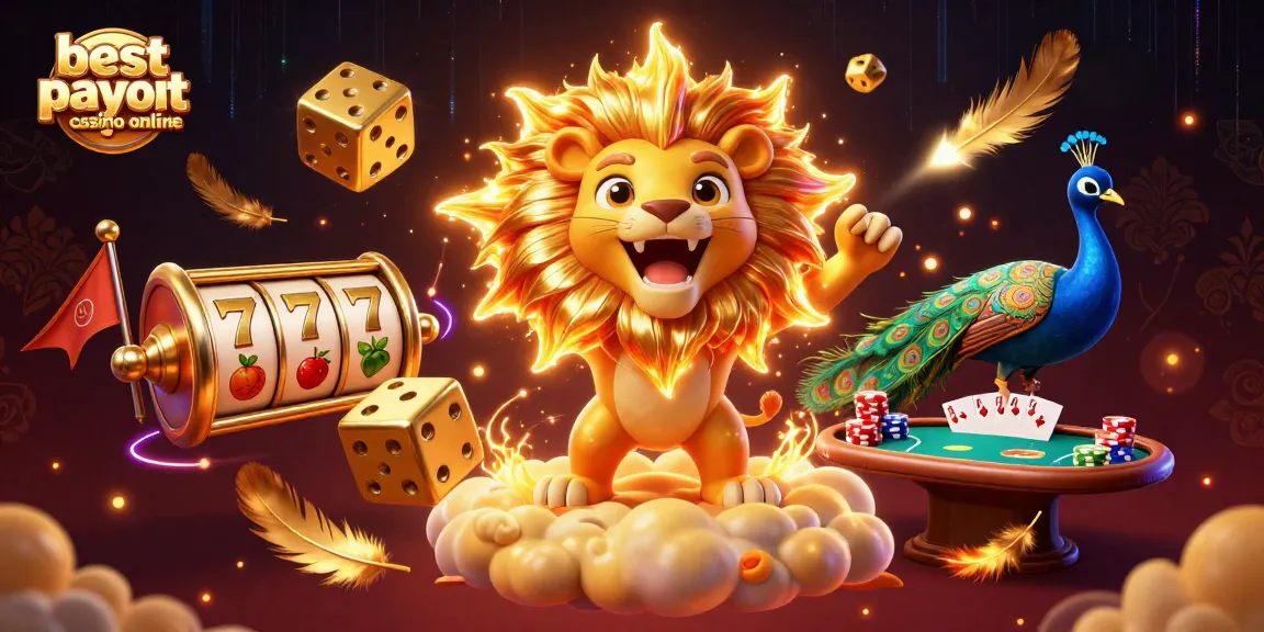 Engage in the best payout casino online with a vibrant 3D illustration of a roaring lion and dynamic gambling elements