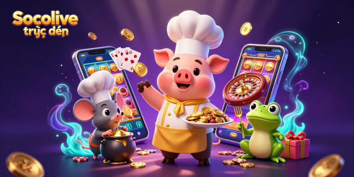 Experience Socolive trực tiếp with a vibrant 3D casino scene showcasing dynamic characters and rich gambling elements.