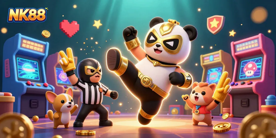Join the excitement at NK88 with vibrant arcade elements and a dynamic wrestling scene in this casino-themed illustration.