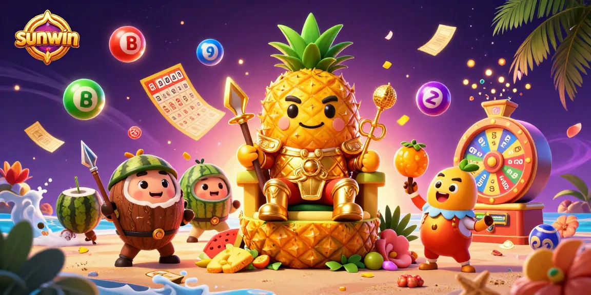 Engage with sunwin's thrilling world, featuring a golden pineapple king and vibrant casino elements.
