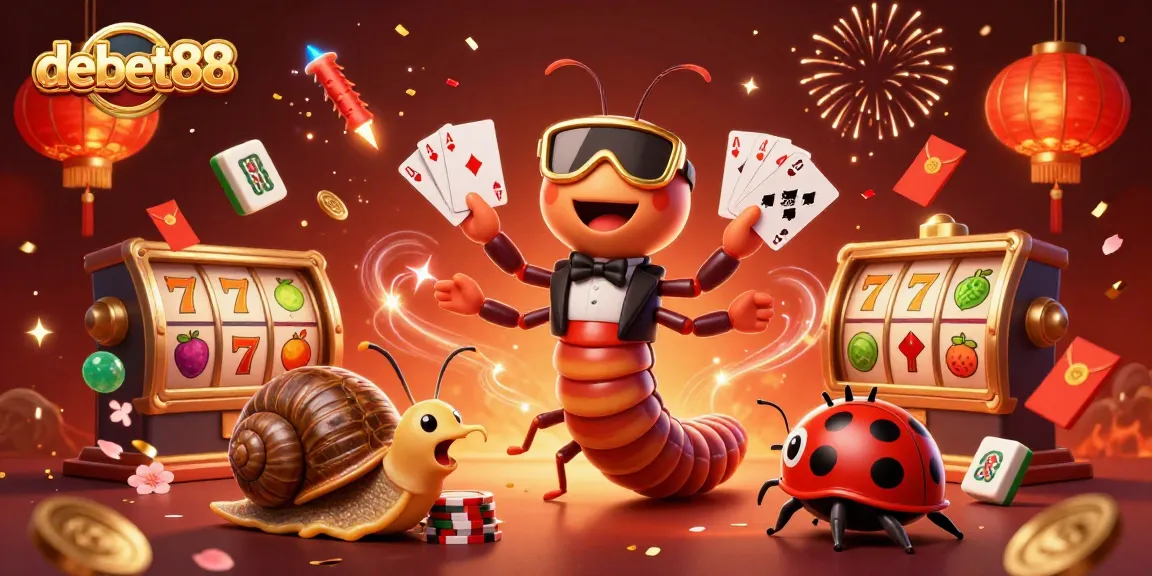 Engage in thrilling debet88 action with a milli-dealer, high-roller snail, and a pill bug, amidst vibrant casino elements.