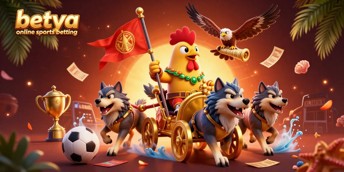 Engage in betya online sports betting with an action-packed illustration of a rooster warlord and warriors.