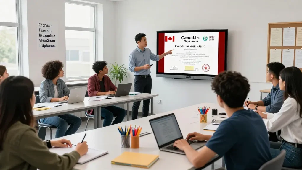 Students exploring custom Canadian diplomas during an interactive classroom session, highlighting design and educational value.