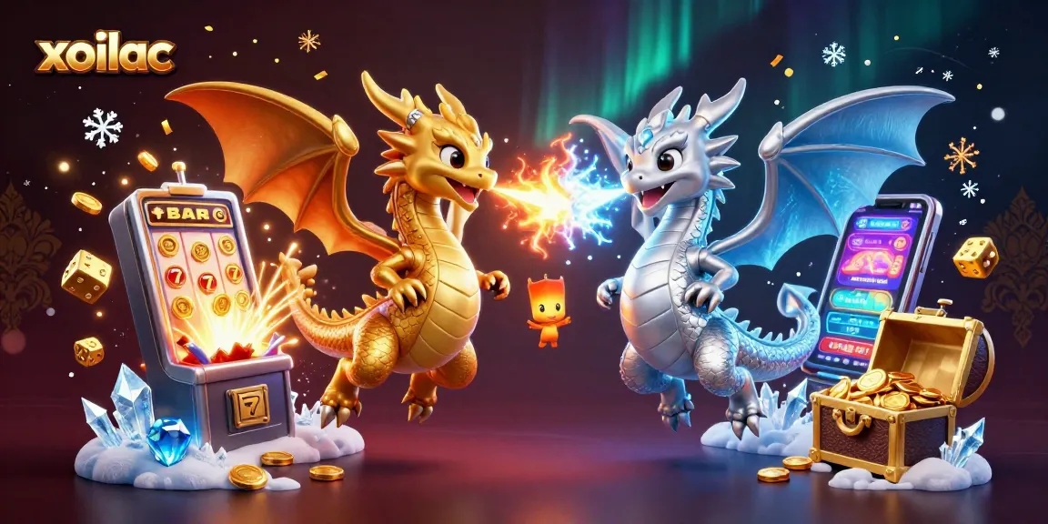 Xoilac brings excitement with 3D dragons amidst dazzling slot machine chaos and vibrant casino elements.
