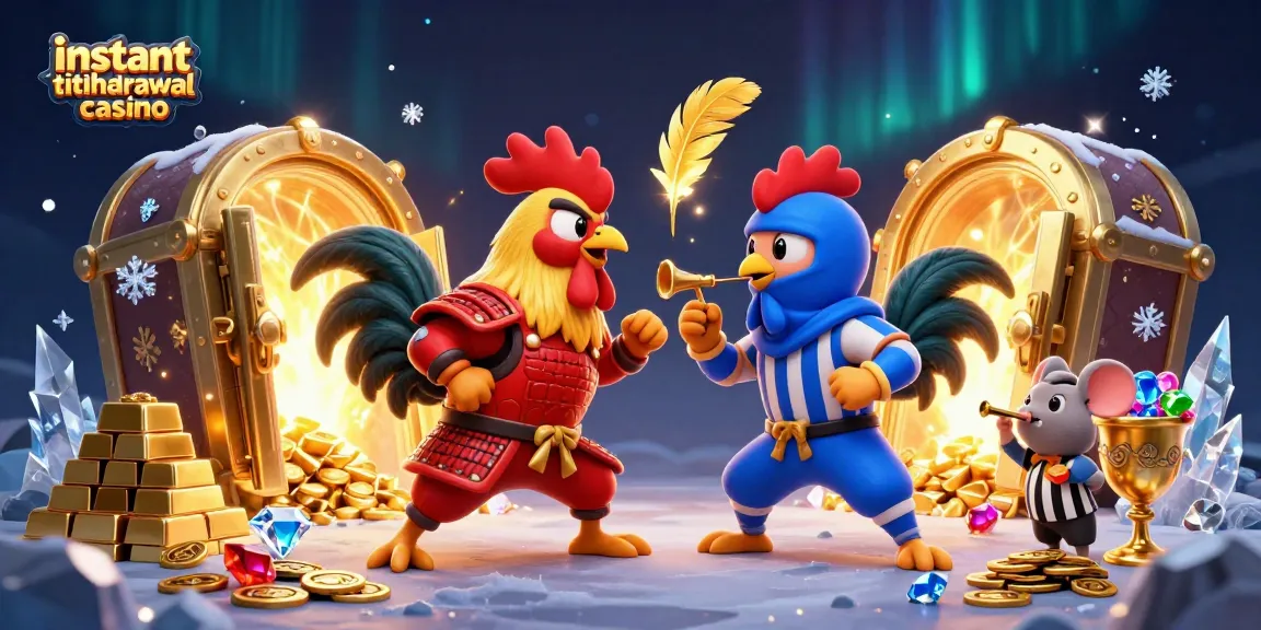 Experience the excitement of an instant withdrawal casino with fierce fighting roosters in a dynamic standoff.