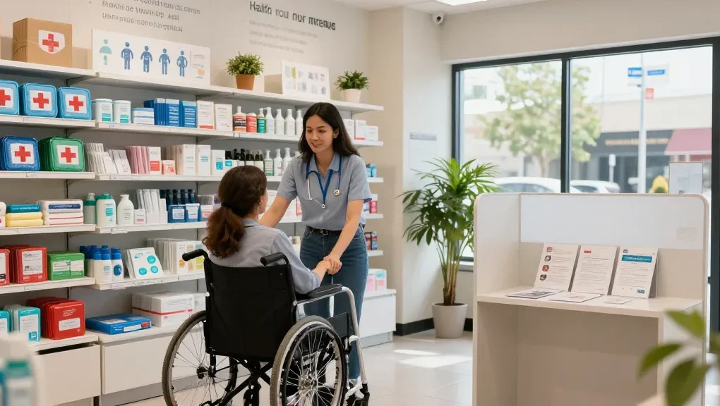 Customer receiving assistance at a medical supply store, showcasing mobility aids and health products.