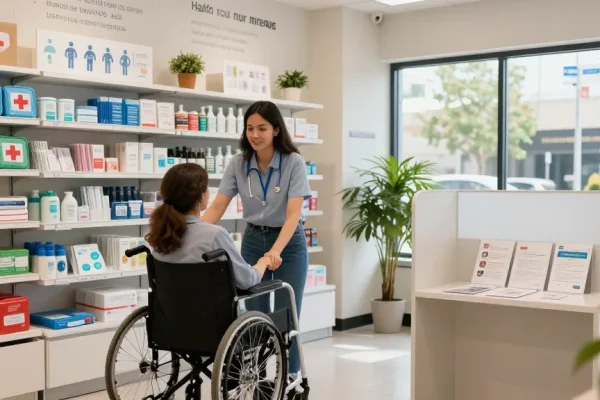 Customer receiving assistance at a medical supply store, showcasing mobility aids and health products.