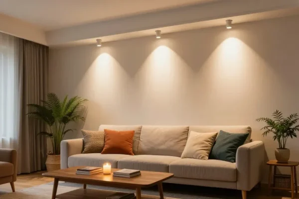 Iluminat modern cu spoturi led în living, creând o atmosferă călduroasă.