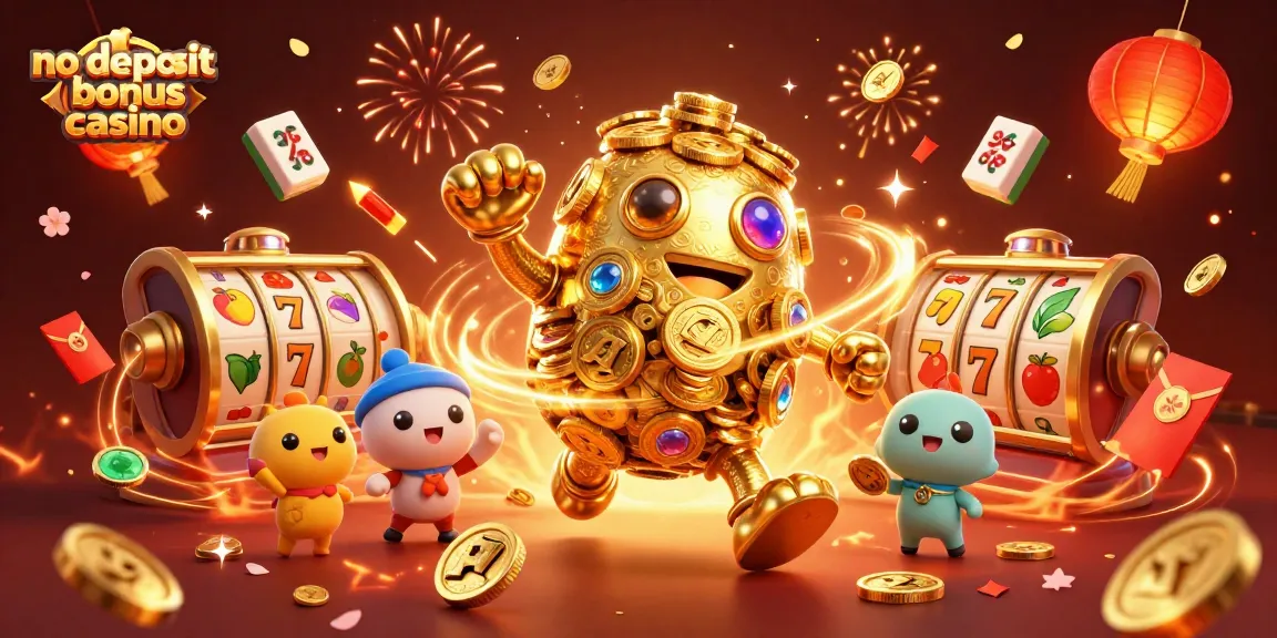 No deposit bonus casino showcases an ancient golden golem and festive casino elements in a vibrant 3D scene.