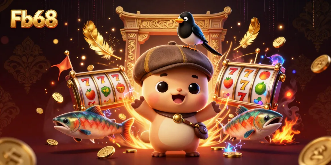 Engage with dynamic game action in a vibrant casino scene featuring Fb68's playful characters and elements.