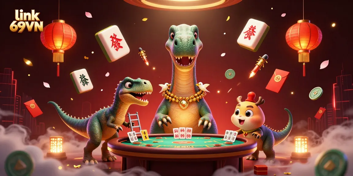 Experience the excitement of link 69VN with a vibrant casino scene featuring a towering brontosaurus and clever raptor.