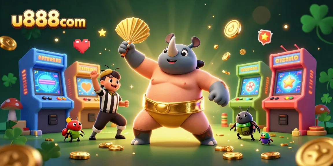 Experience thrilling gameplay at u888com with a vibrant cartoon casino scene featuring dynamic characters and arcade elements.