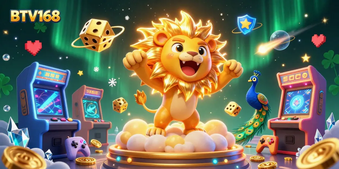 BTV168 players winning big in a vibrant cartoon casino scene filled with games and dazzling elements.