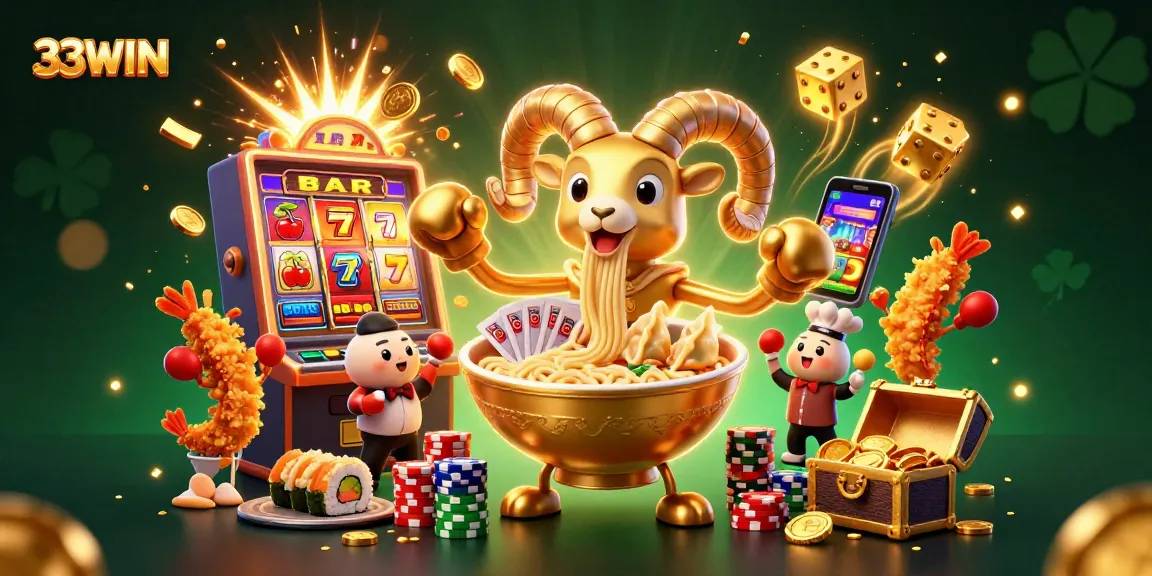 33WIN showcases an exciting 3D casino scene featuring a giant ramen bowl and slot elements, ideal for betting enthusiasts.