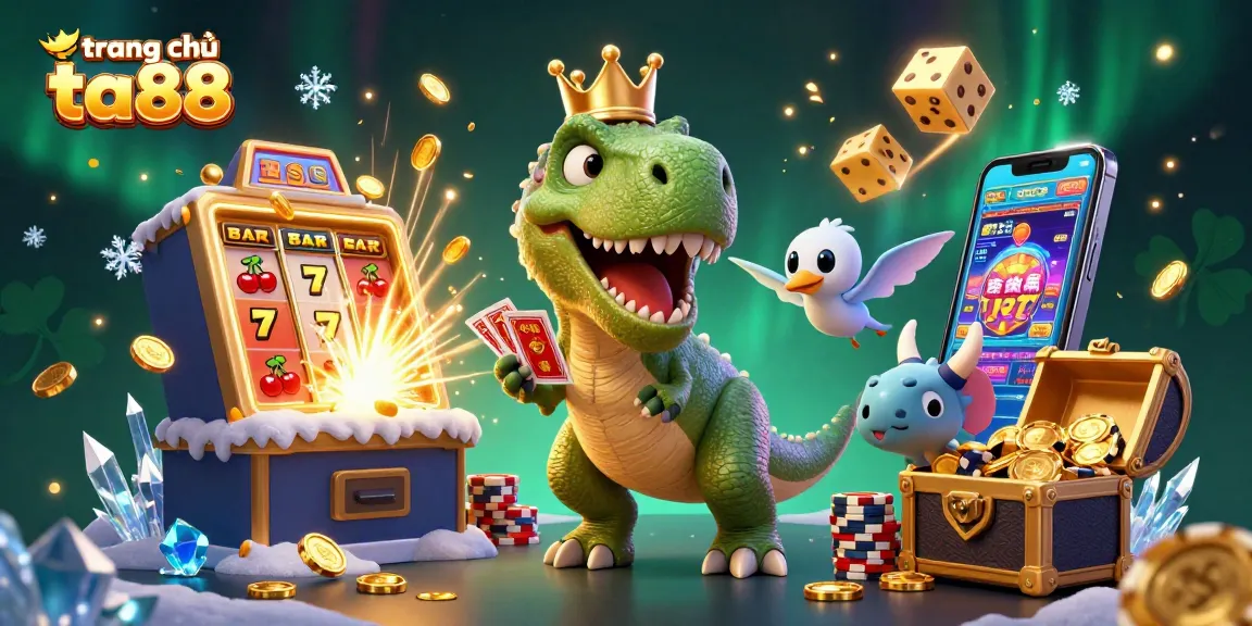 Engage with the fun at trang chủ ta88 featuring a playful T-Rex and friends in a vibrant casino scene.