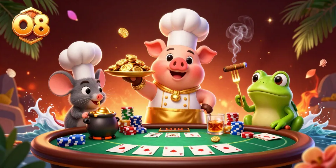 Experience thrilling gameplay at O8, featuring a cartoon chef pig serving gold coins amidst vibrant poker elements.