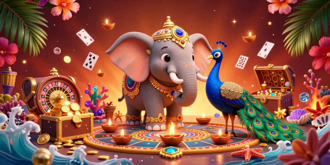 Experience the exciting energy of luck8vip's casino atmosphere with a colorful 3D scene featuring a Diwali-themed elephant.