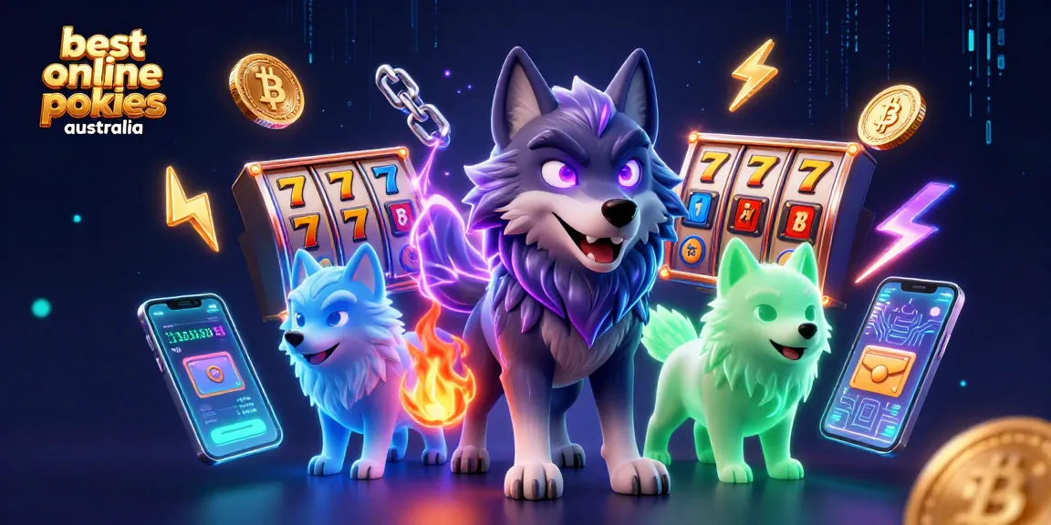 Experience the best online pokies Australia with a dynamic scene featuring glowing wolf companions and crypto elements.