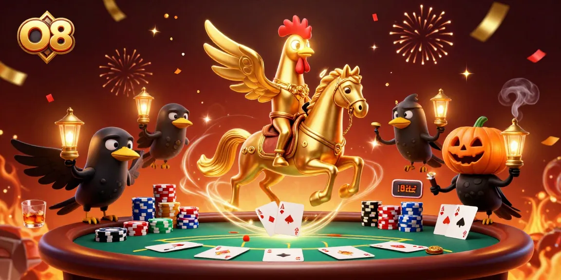 Engage in thrilling poker at O8, depicted by a golden rooster amidst vibrant casino celebrations.